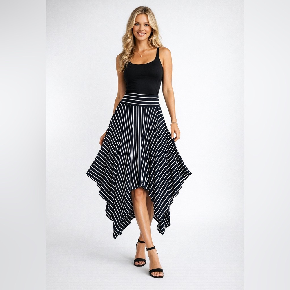 Cabi Navy Blue White Stripe Midi Jersey Asymmetrical Hem Skirt Women's Sz L